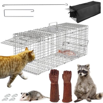 Humane Cat Trap Cage W/ Waterproof Cover And Gloves For Safe Catch