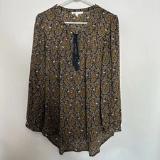 DR2 Floral Tasseled Tunic Top Long Medium Brown Roll-Tab Sleeve Boho Peasant