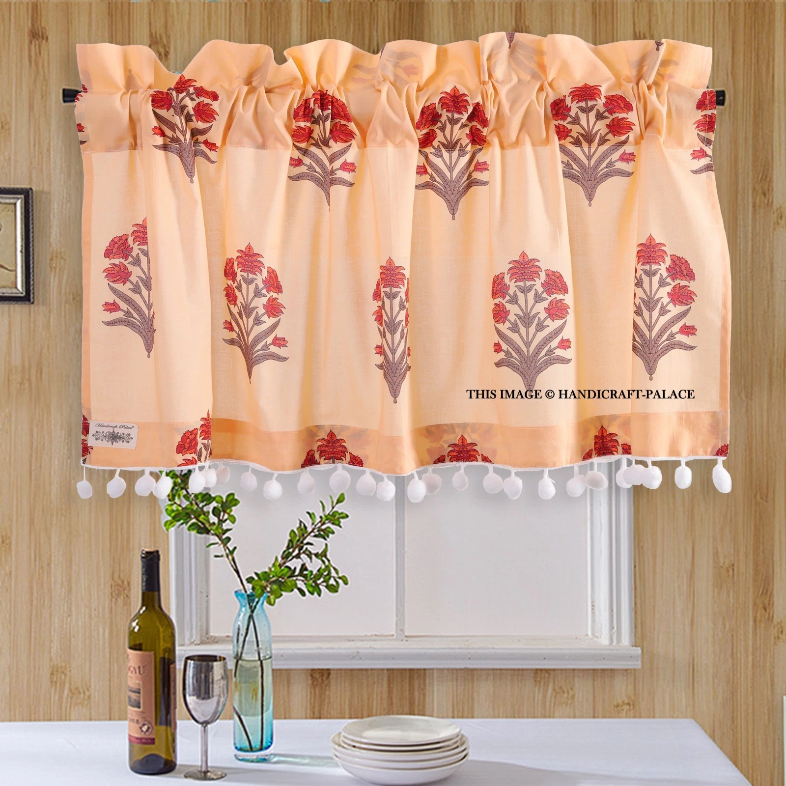 Hand Block Print Peach Cotton Kitchen Curtain Valance Cafe Short Window 18X40"