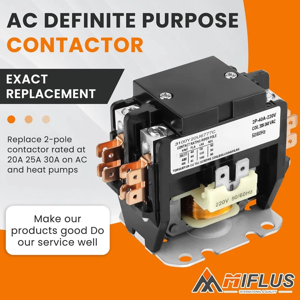 2 Pole Air Conditioner Contactor 40 Amp 220V Coil,AC Definite Purpose Contactor, - Image 3 of 4