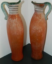 Vintage (2) Hand Blown Romanian Orange Art Glass Ewer / Vases w/ Green Roping Ex