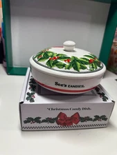 See’s Candies Christmas Candy Dish Holly Mistletoe
