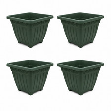 4x Square Plant Pots 38cm Plastic Green Garden Planters Outdoor Indoor