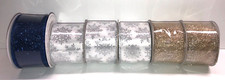 Holiday Ribbon Lot Silver Snow Flakes, Gold Glitter Swirls Blue Glitter, 6 Rolls