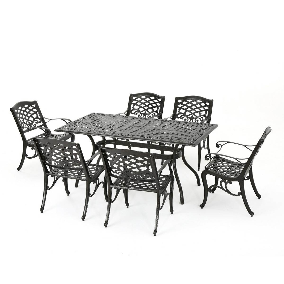 その他 Y Odena Outdoor 7-piece Cast Aluminum Rectangle Bronze Dining Set