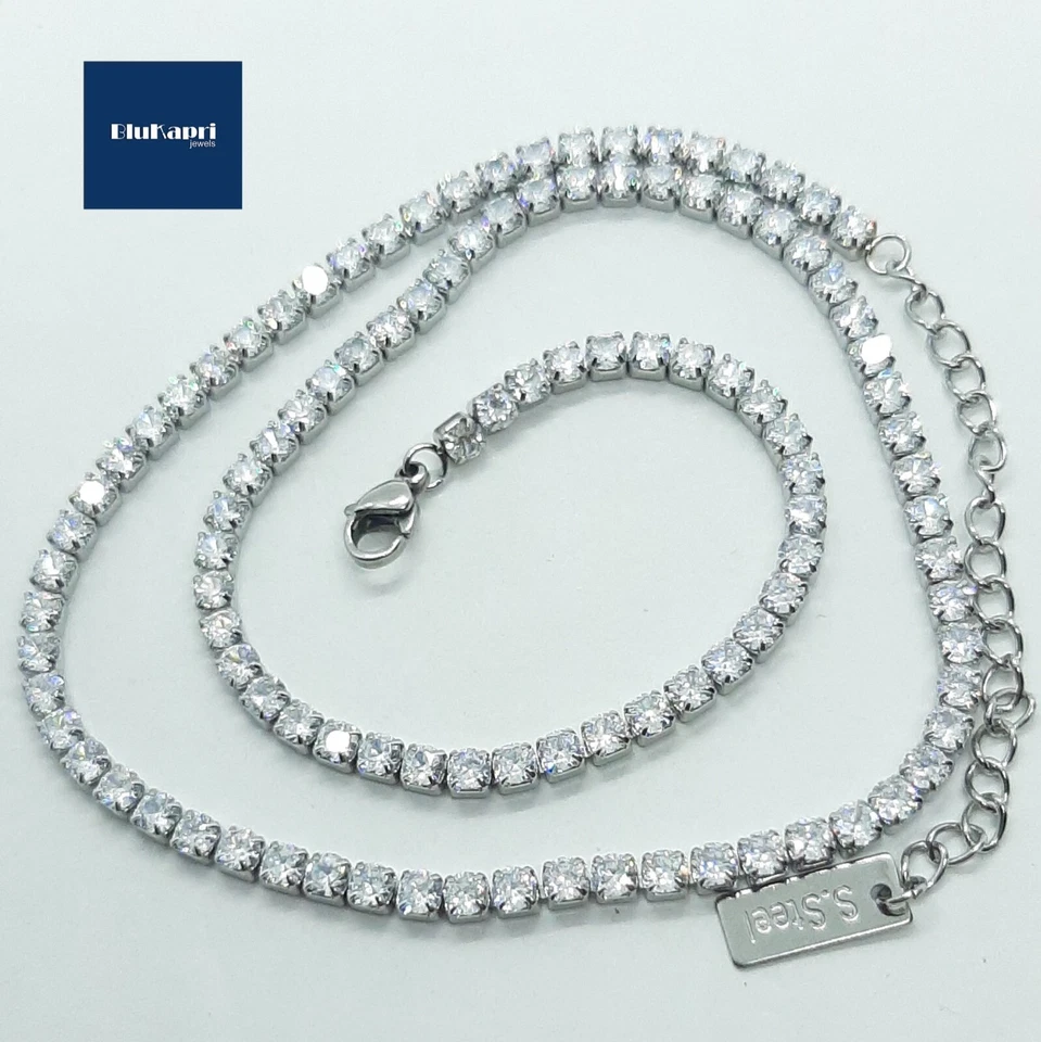 Collana donna uomo tennis in acciaio rodiato con zirconi bianchi 3mm anallergico - Immagine 4 di 4