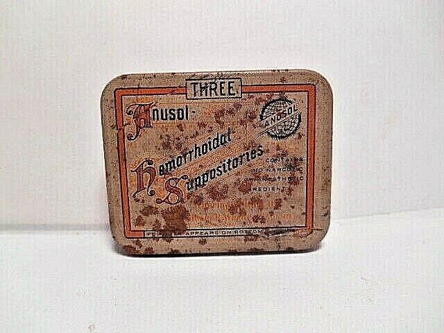 tobacco suppository VINTAGE ANUSOL HEMORRHOIDAL SUPPOSITORIES EMPTY COLLECTIBLE METAL TIN