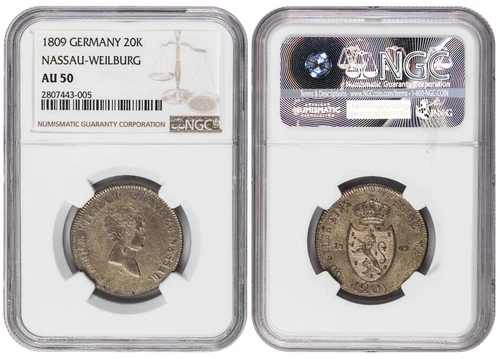 *** NGC *** GERMANY - NASSAU *** 20 KREUZER *** 1809 *** AU50 *** CV $1250 ***b3