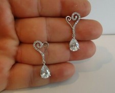 OPEN HEART DANGLING EARRINGS LAB SIMULATED DIAMONDS / 925 STERLING SILVER