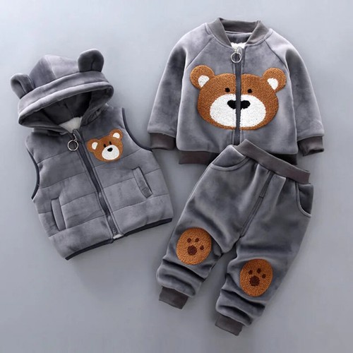 Autumn Winter Baby Boys Clothes Sets Thick Fleece Cartoon Bear Jacket Vest Pants - Picture 26 of 38