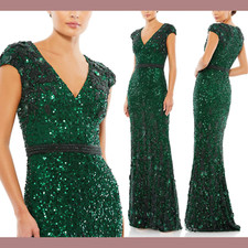 NWT $698 Mac Duggal [ 6 ] Embellished V Neck Cap Sleeve Sequin Gown Green #J127