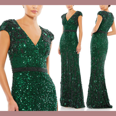 NWT Mac Duggal [ 14 ] 5505 Embellished V Neck Cap Sleeve Sequin Gown Green J1713