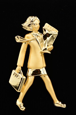 AJC Vintage Boss Lady Pin Brooch Bringing Home Bacon  Woman VIP Signed NOS BinA3