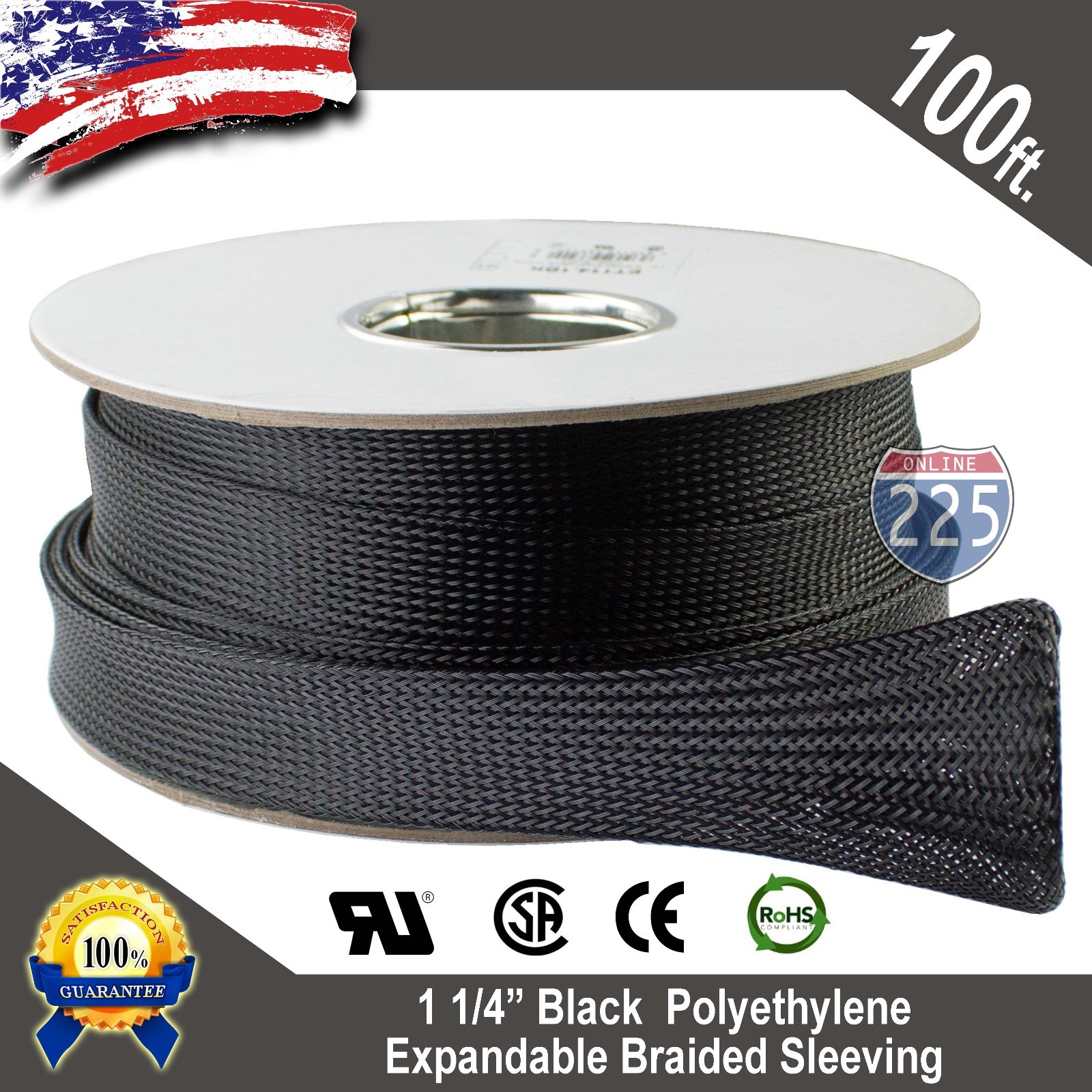 100ft Black Expandable Braided Cable Sleeving 1-1/4