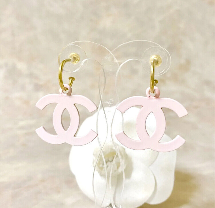 CHANEL Pink CC Logos Dangle Hoop Stud Earrings Gold Tone 03S CHANEL Pink CC Logos Dangle Hoop Stud Earrings Gold Tone 03S