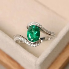 Natural Green Emerald 2.50Ct Oval Cut Engagement Ring 14K White Gold Plated
