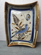 Vtg Ken Edwards Mexican tonala trinket dish with bird motif Handmade boho decor.