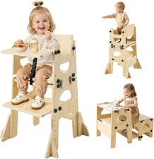 5-In-1 Toddler Kitchen Step Stool, Foldable Learning Standing Tower, Wooden High