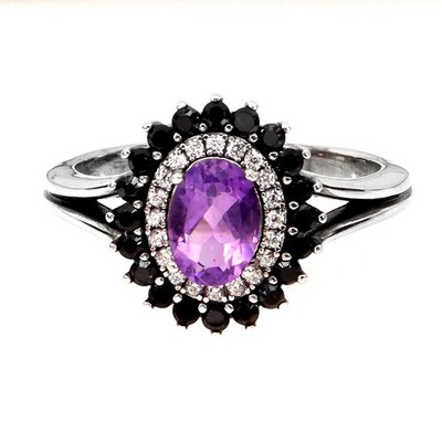 Gemsporium 925 Sterling Silber Ring Oval Amethyst 7x5mm Schwarzer Spinel Größe 9