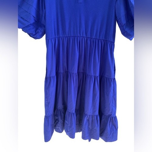 Chico's Blue Henley Puff Sleeve Tiered Poplin Hem Midi Dress Size Large - Picture 5 of 8