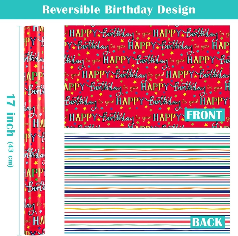 Rolo de papel de embrulho reversível para aniversário - Mini rolo - 17 polegadas X 10 pés - Red Ha - Imagem 3 de 4