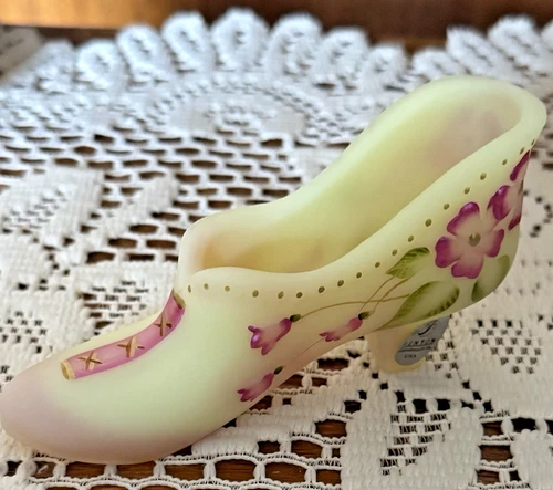 Fenton Burmese Shoe Slipper Handpainted Floral Glows NIB