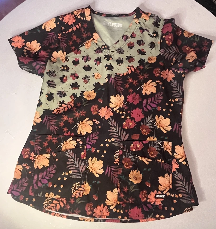Greys Anatomy By Barco Womens Size Small Scrub Top Fall Leafs Flowers Autumn EUC - Image 2 of 4