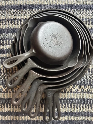 Vintage Griswold Matched 7 Pc Small Logo Cast Iron Skillet Set - Restored & Flat
