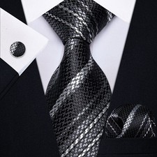 Black Grey Fashion Mens Tie Striped Necktie Handkerchief Cufflinks Set Party