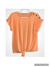 Set The Stage Orange Short Sleeve Tie Front Round Neck Casual Blouse L