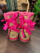UGG Girls Pink Suede Ankle Bootie Faux Fur Lined Pull-On Bow Rhinestone 2.5