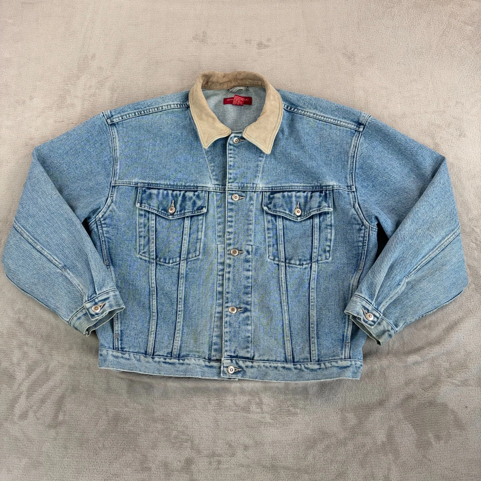 Vintage Banana Republic Denim Trucker Jacket 90s Leather Collar Men Large Patina