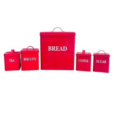 Vintage Style Red Metal Kitchen Canister Set 5pc Bread Biscuits Tea Coffee Sugar