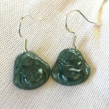 Natural Dark Green Jade Jadeite 'The Buddha Happy' Earrings 925 Sterling Silver
