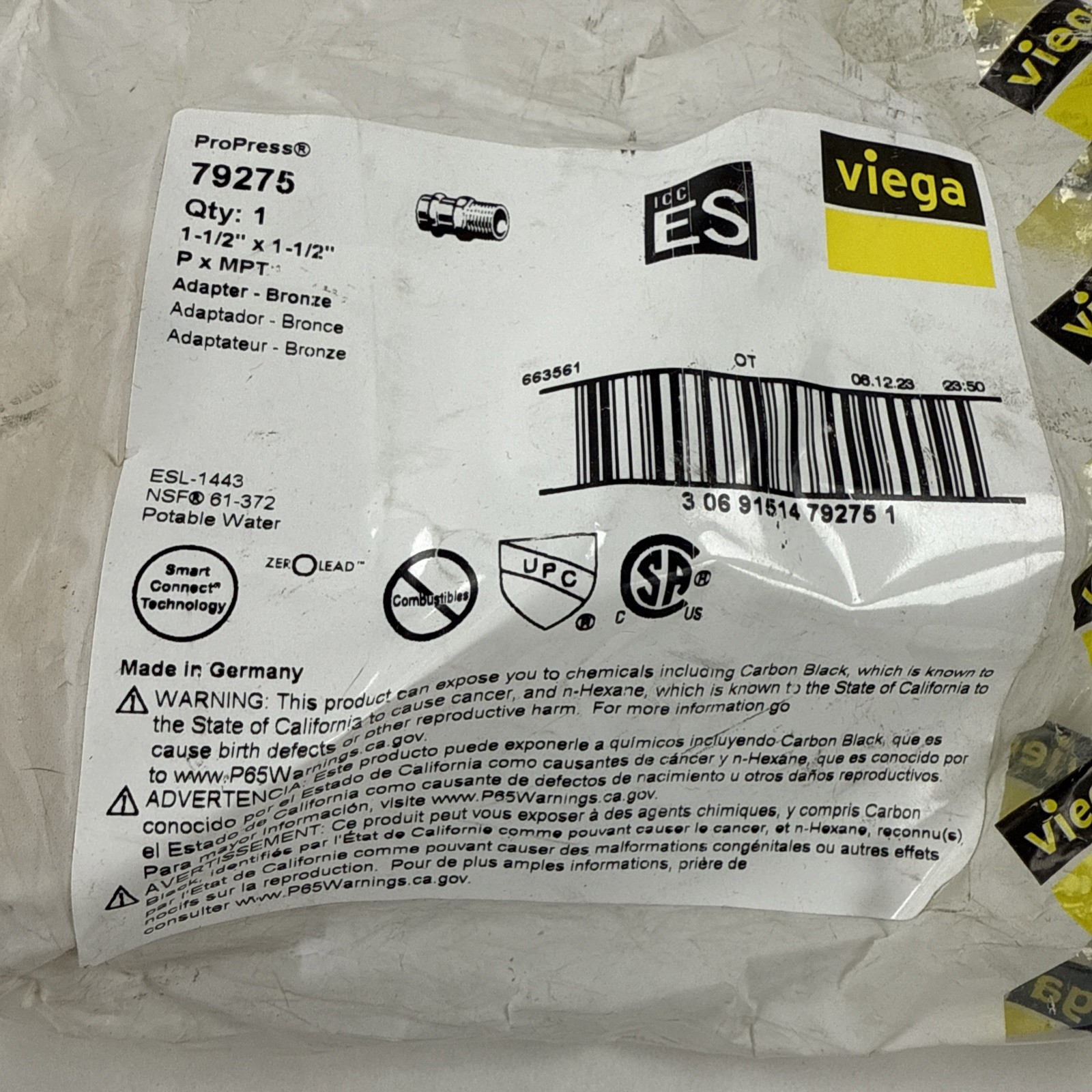 Viega ProPress 79275 1-1/2" Press x 1-1/2" MPT Bronze Adapter Brand New