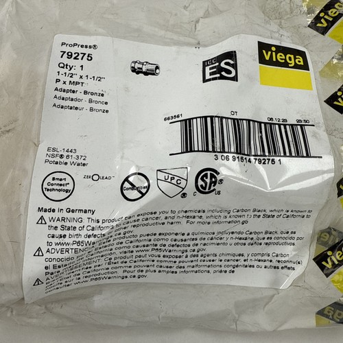 Viega ProPress 79275 1-1/2" Press x 1-1/2" MPT Bronze Adapter Brand New