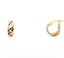 14K Tri Color Gold 10mm 3 Line Twisted Hoop Earrings