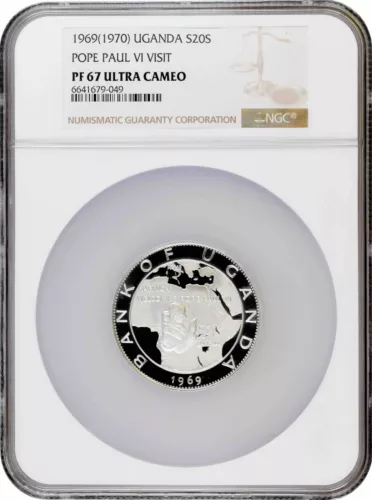 Uganda 20 shillings 1969 (1970), NGC PF67 UC, "Visit of Pope Paul VI" silver