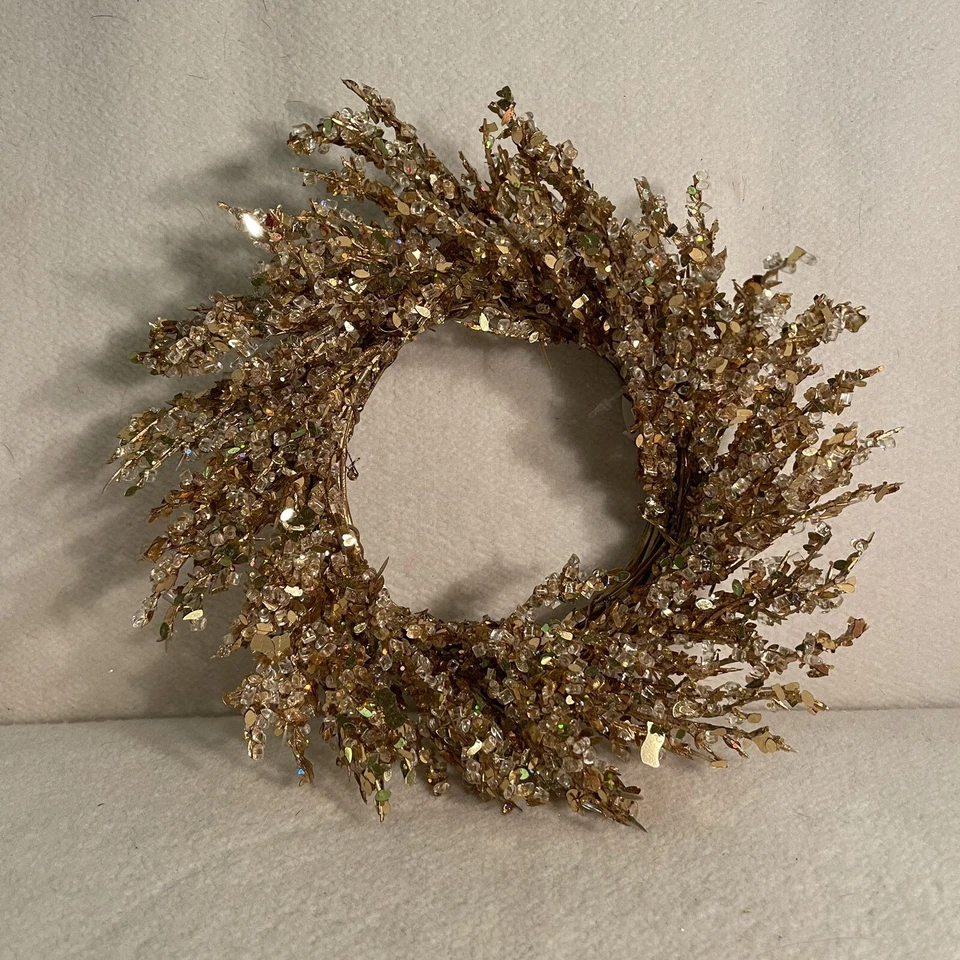 Holiday Decor Candle Ring Wreath Gold Wicker Wreath W/ Gold & Ice Crystals - Image 3 of 4