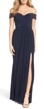 Xscape Navy Long off shoulder gown dress with beading,slit,shirred,pleat,size 14