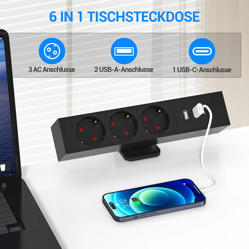 Tischsteckdose mit USB C 3 Fach Mehrfachsteckdose Steckdosenleiste Schreibtisch - Bild 2 von 4
