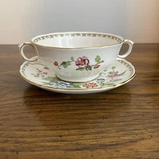 Crown Staffordshire England Pagoda Double Handled Cream Soup Bowl  & Saucer