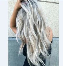 Women Lady Ash Gray Silver White Ombre Long Wavy Curly Blonde Wig Synthetic Hair