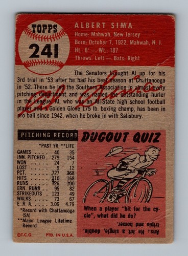 1953 Topps #241 Al Sima LOW GRADE (Crease) High # Vintage Baseball Card (A1) - Picture 2 of 2