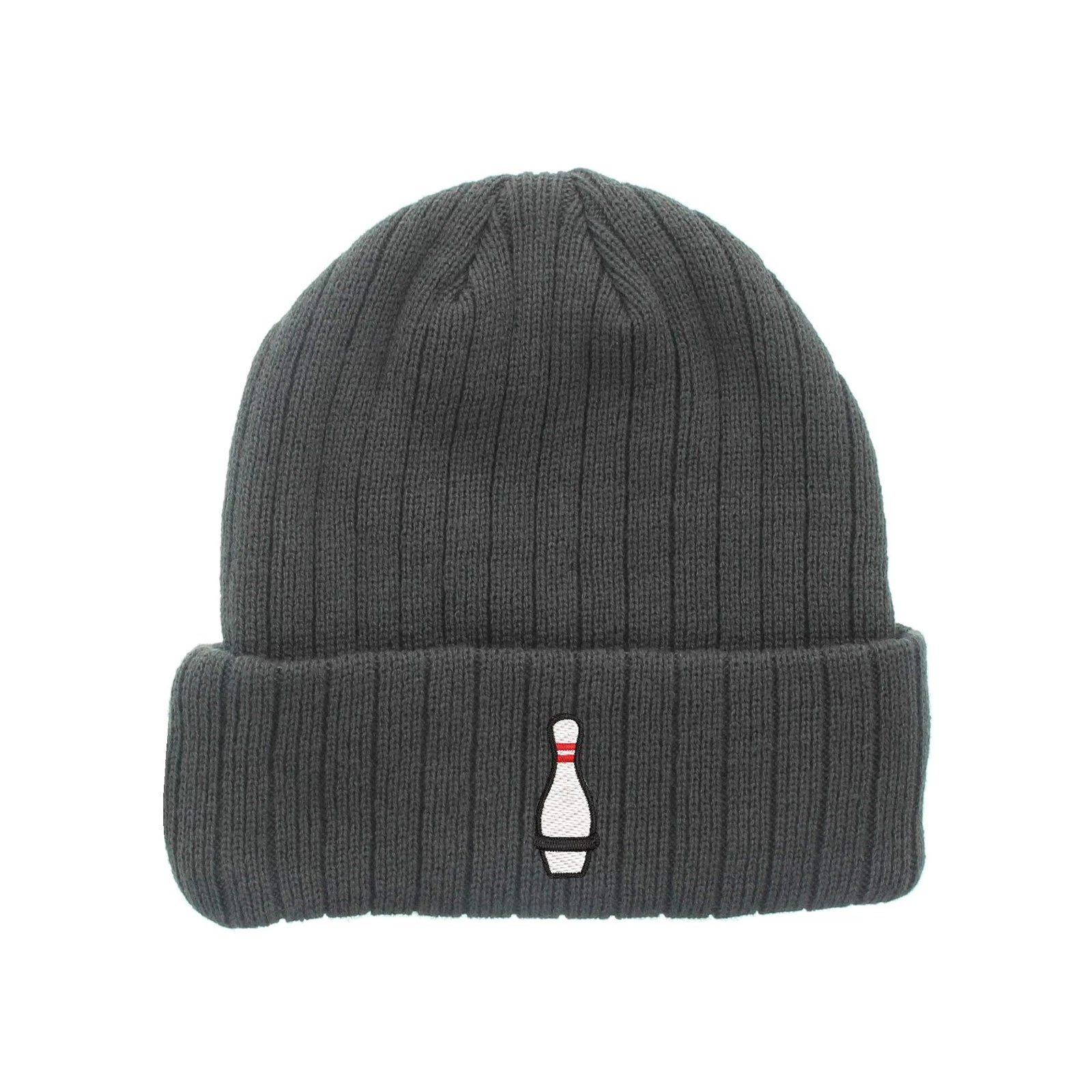 Bowling pin embroidered fleece beanie hat, insulated beanie hat
