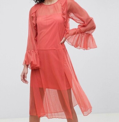ASOS DESIGN Flute Sleeve Midi Dress In Sheer Dobby Mesh, UK- 4, FREE UK  Delivery | eBay UK