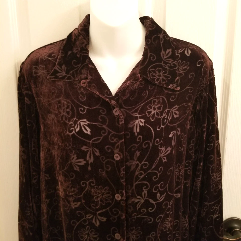 Blusa túnica vintage de terciopelo Burnout marrón talla 10 seda floral manga larga Foto 3 de 4