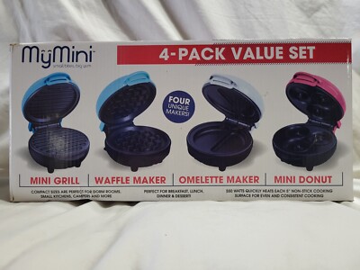 MyMini 4-Pack Value Set Mini Grill, Waffle, Omelet &Donut Maker Perfect For Dorm