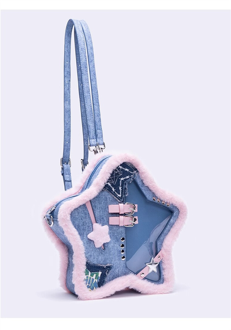 Denim Blue Pink Five-pointed Star Itabag Plush Backpack Women's