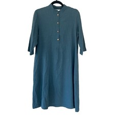 MEOMUA Blue Linen Button Down Shift Dress Knee Length Pockets Sz M Minimalist